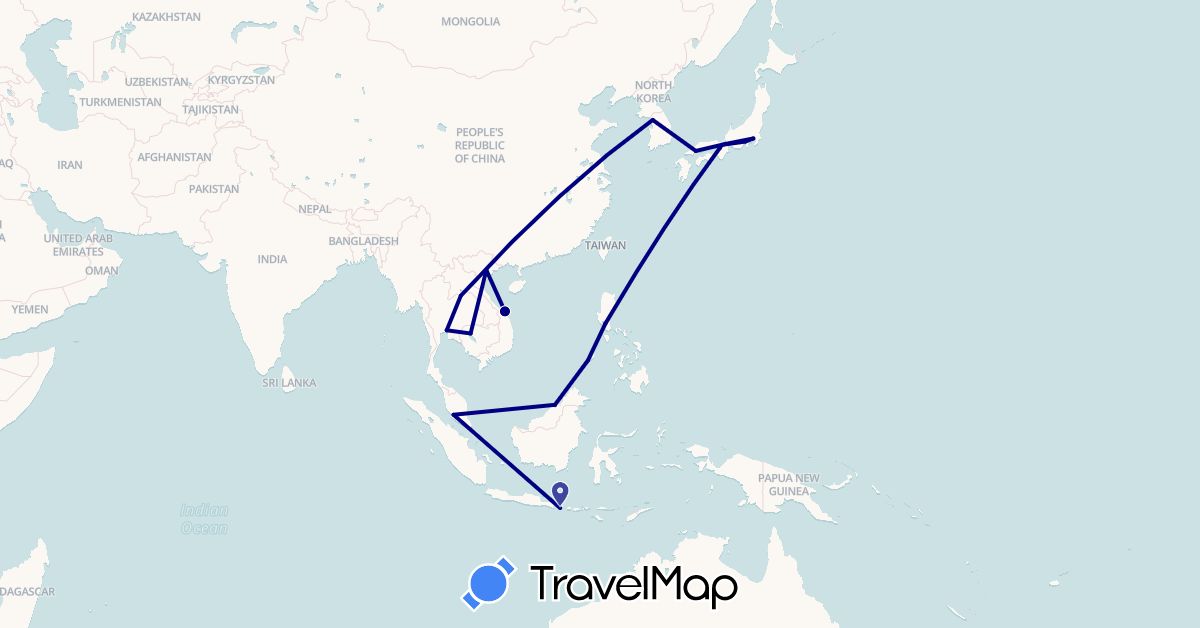 TravelMap itinerary: driving in Brunei, Indonesia, Japan, Cambodia, South Korea, Laos, Malaysia, Philippines, Thailand, Vietnam (Asia)